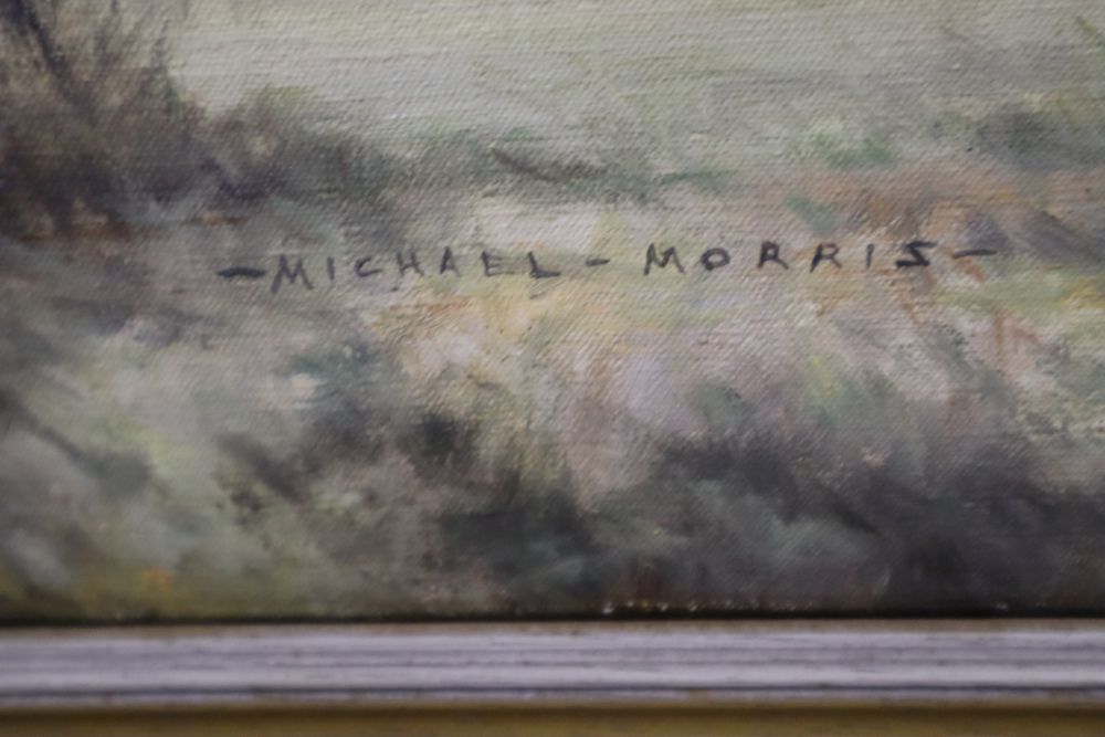 Michael Morris, oil on canvas, Landscape with oast houses, signed, 35 x 91cm